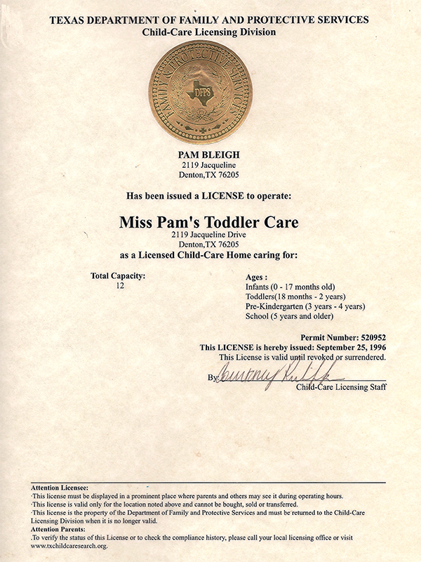 Miss Pam's Licensed Child-Care Home license